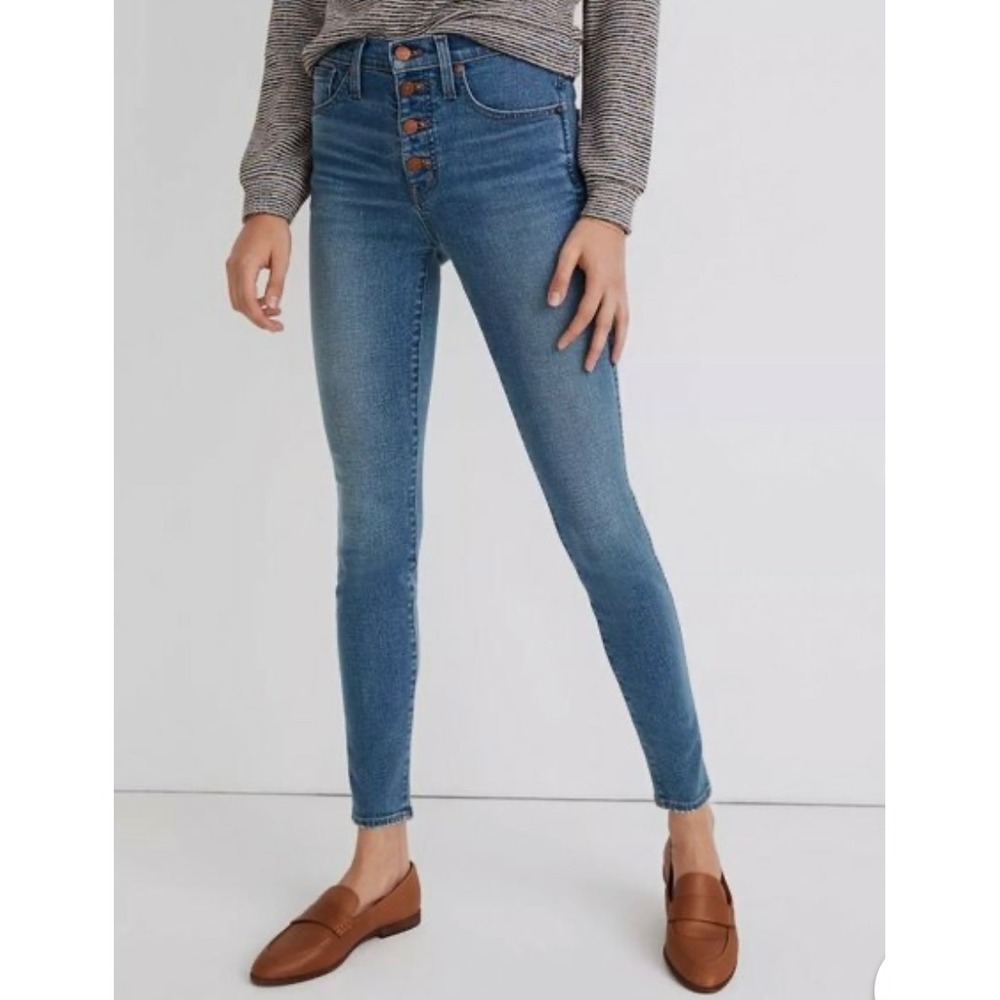 Madewell Womens Jeans Size 29 High Rise Skinny Button Fly Blue Wash Distressed‎